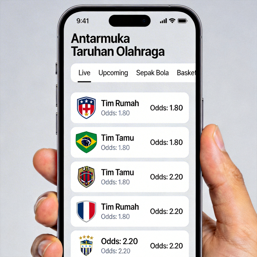 Antarmuka taruhan olahraga di perangkat mobile dengan daftar pertandingan dan odds