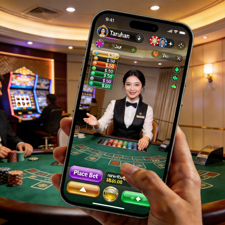Halaman live casino mobile yang menampilkan dealer langsung dan opsi taruhan