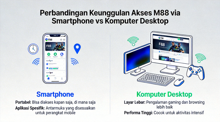 Ilustrasi perbandingan keunggulan akses M88 melalui smartphone versus komputer desktop